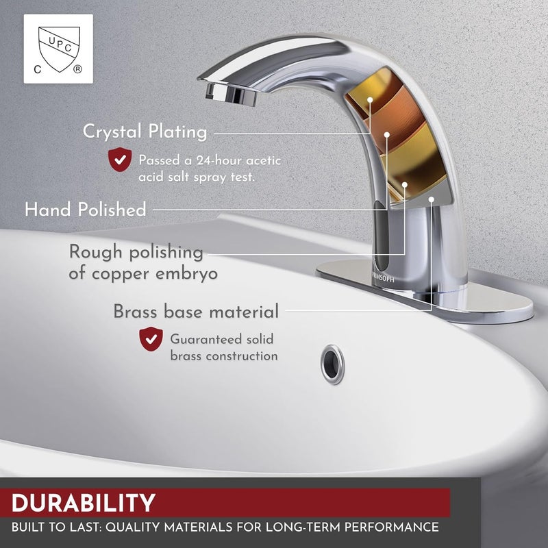 PRIMSOPH Automatic Motion Sensor Hands Free Electronic Infrared Smart Commercial Touchless Bathroom Sink Faucet with Cover Plate Temperature Mixer Battery or Plug-in Powered Chrome - Image 3